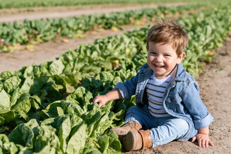Smiling toddler sitting in a vegetable garden touching lettuce plants