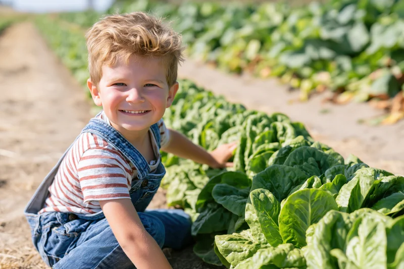 Young boy smiling while sitting beside rows of fresh lettuce in a farm field