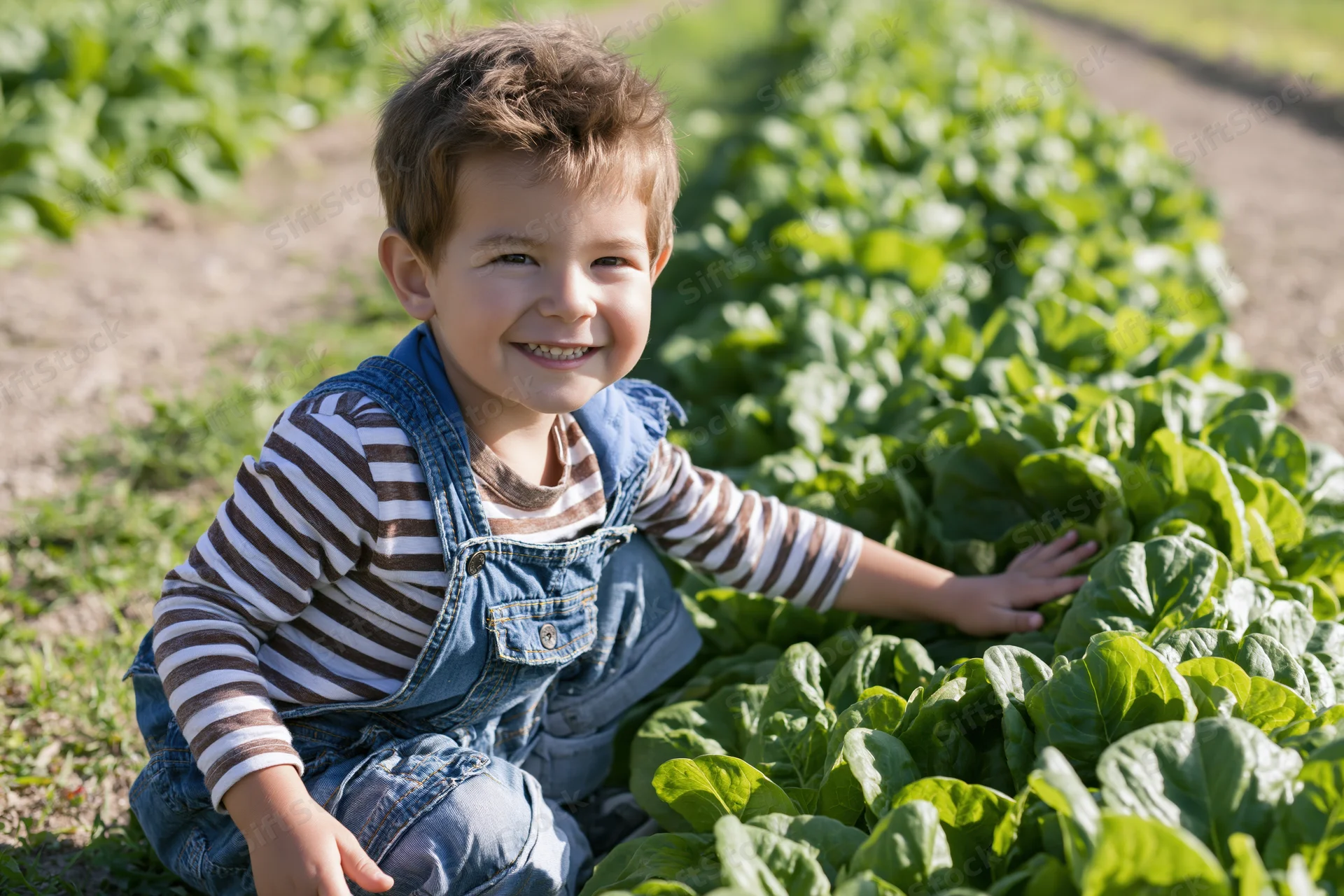 Young boy smiling while crouching beside lettuce rows in a garden