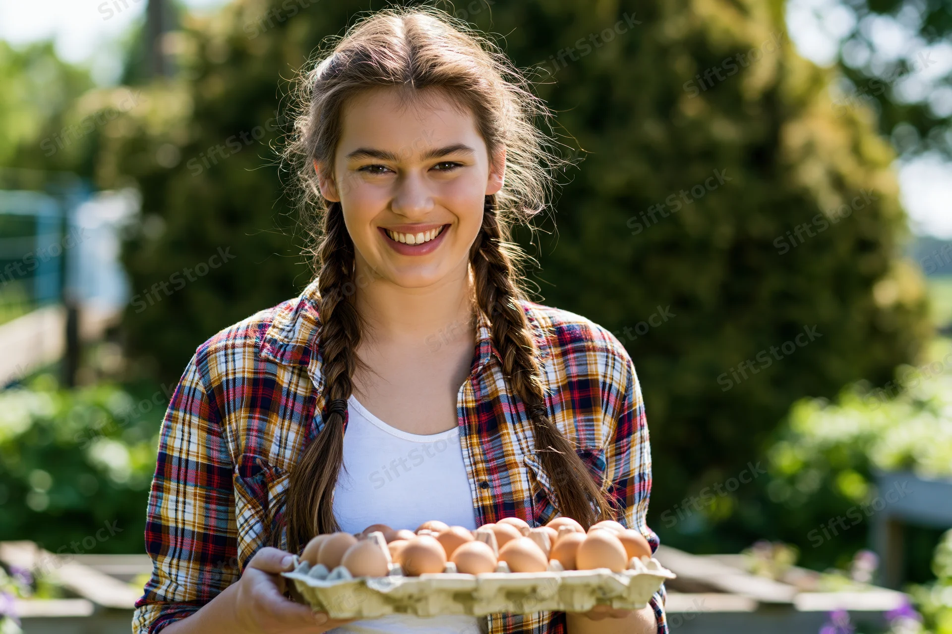 Young woman holding tray of fresh eggs in garden