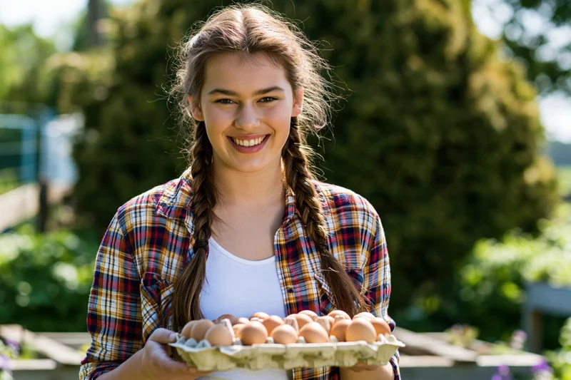 Young woman holding tray of fresh eggs in garden