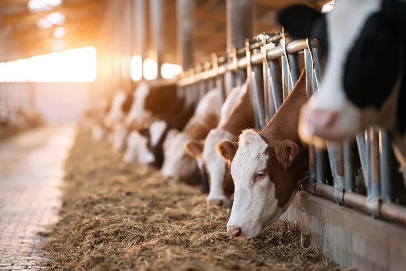 Row of dairy cows feeding on hay in a barn