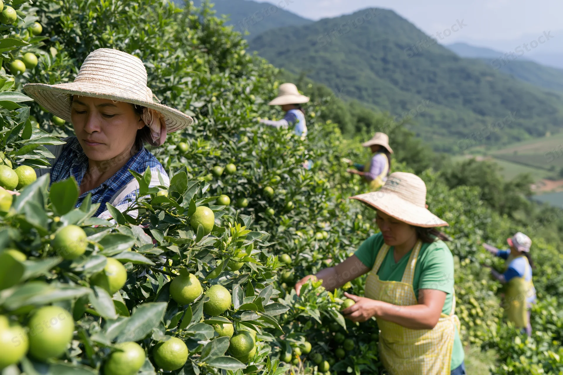 Women harvesting limes in a sunlit hillside orchard