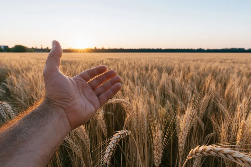 A farmer's hand reaching out over a golden wheat field at sunset