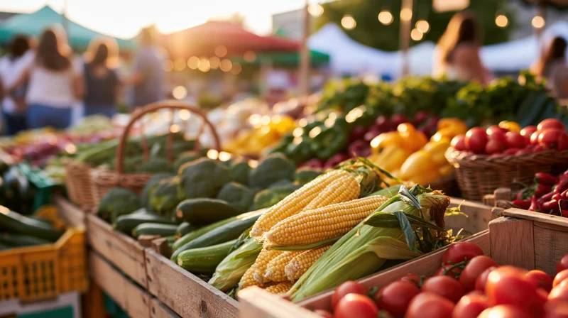 Fresh vegetables displayed in wooden crates at an outdoor farmers market during sunny daytime