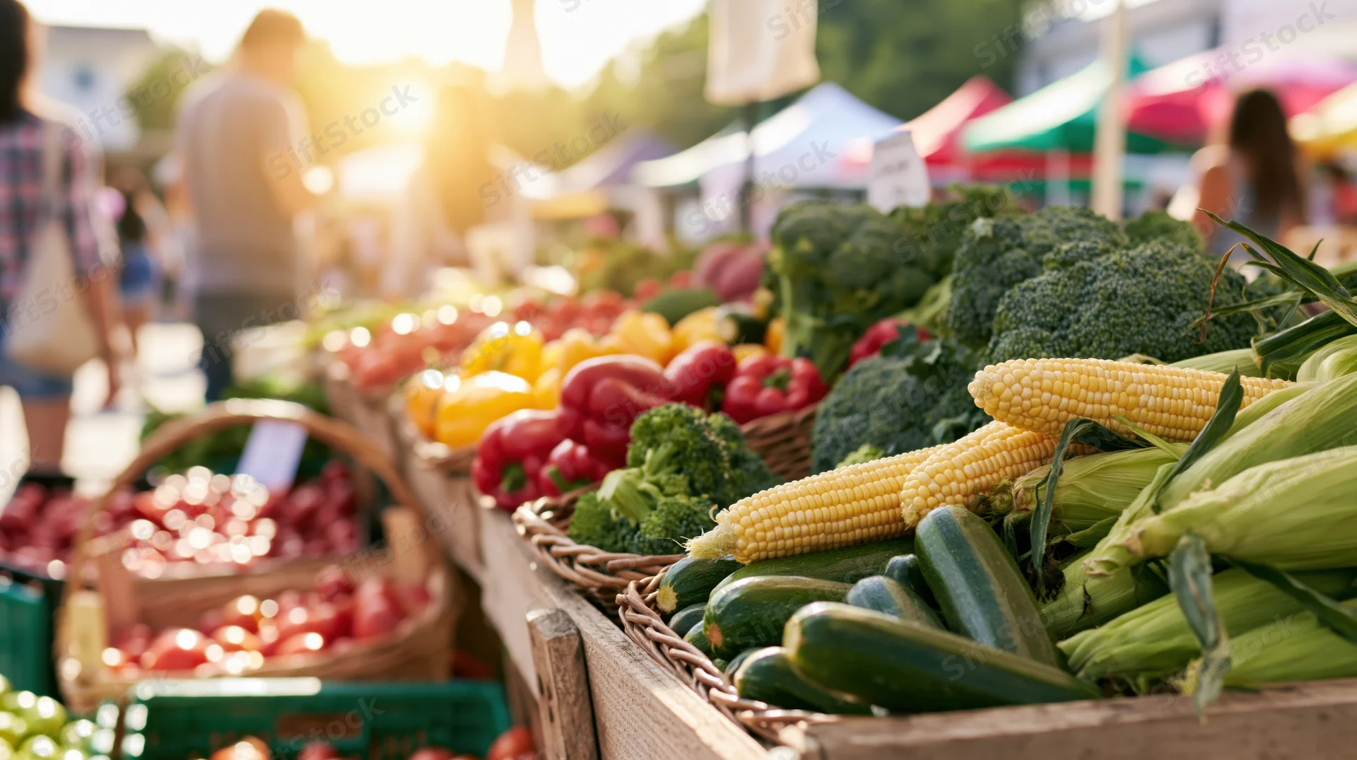 Fresh vegetables displayed in baskets at an outdoor farmers market during golden hour