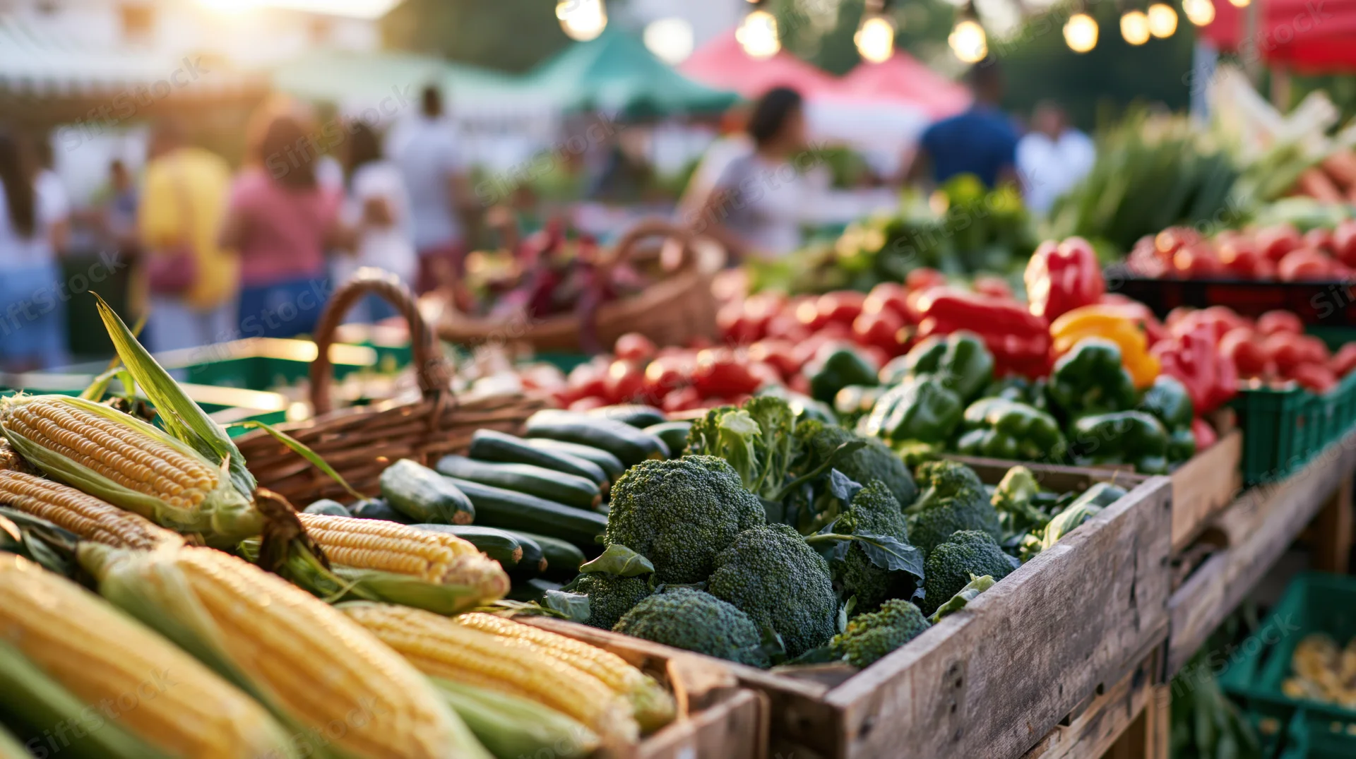 Fresh vegetables displayed in wooden crates at an outdoor market stall with string lights and people in the background
