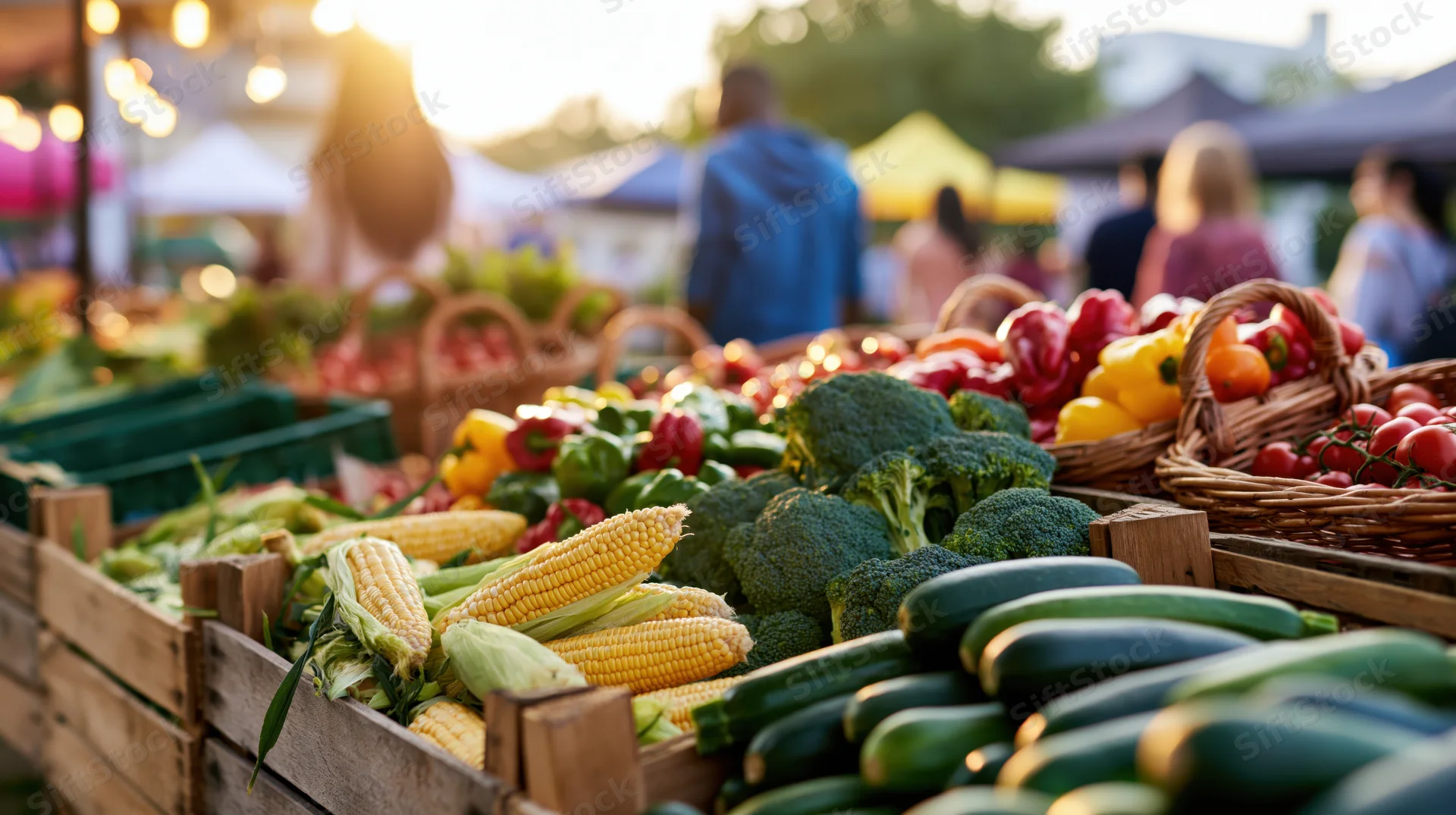 Fresh vegetables displayed in wooden crates and baskets at an outdoor farmers market during golden hour