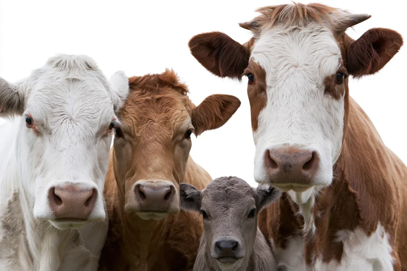 Four cows and a calf facing forward in a close group against white background
