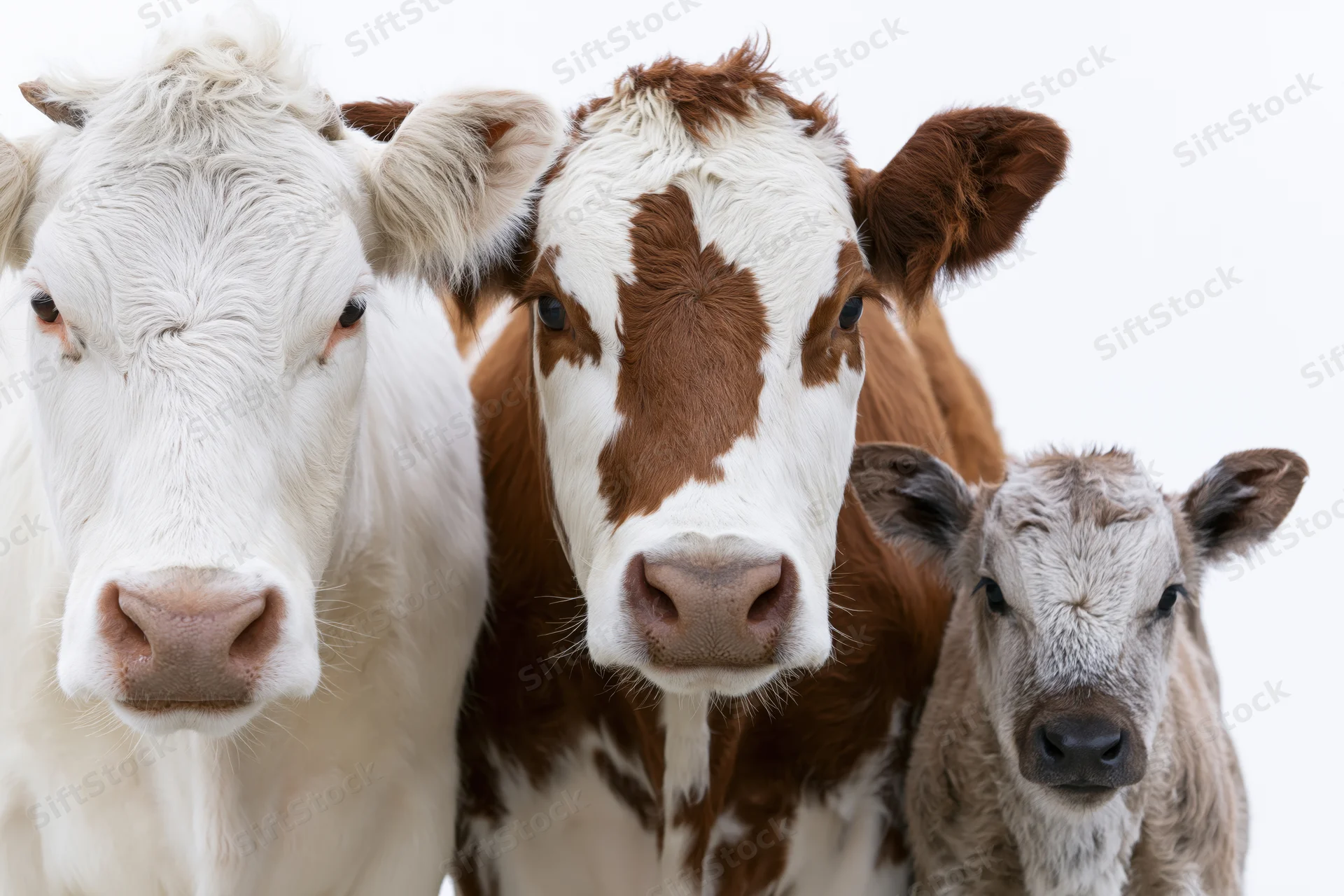 Three cows of different ages and colors standing close together against a white background