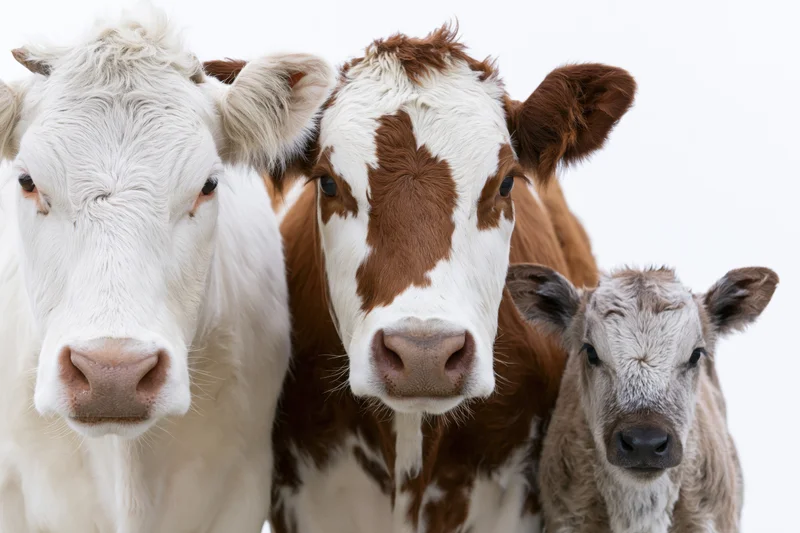 Three cows of different ages and colors standing close together against a white background