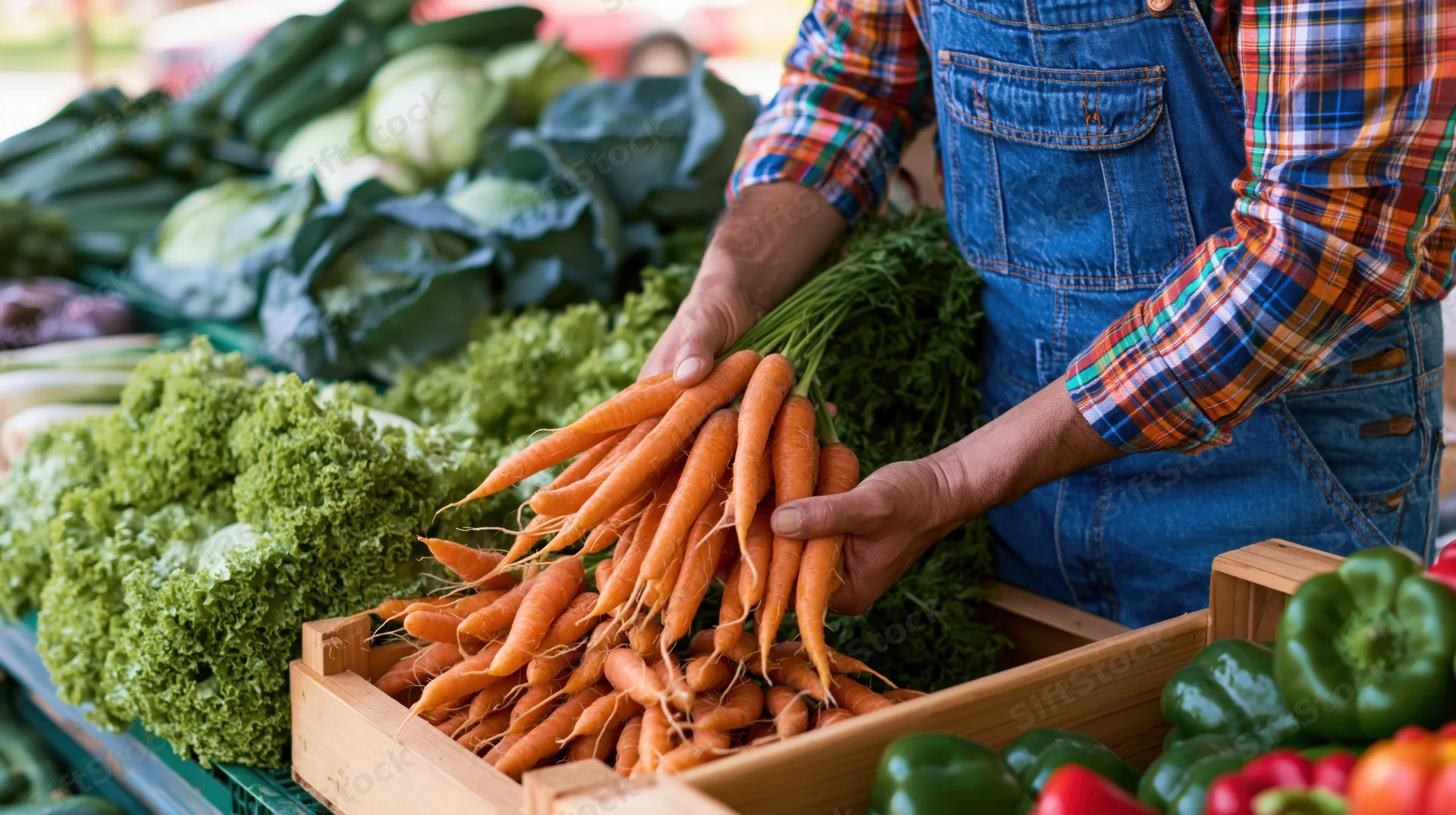 Farmer holding carrots at outdoor produce market stall