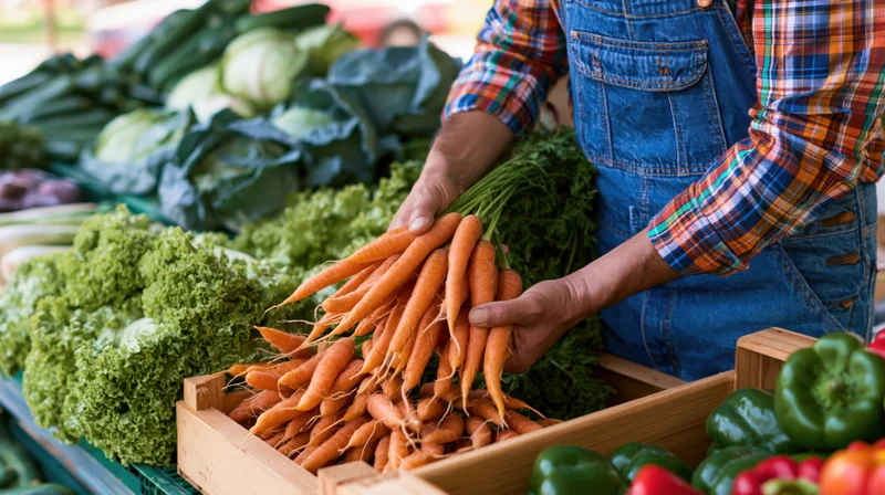 Farmer holding carrots at outdoor produce market stall
