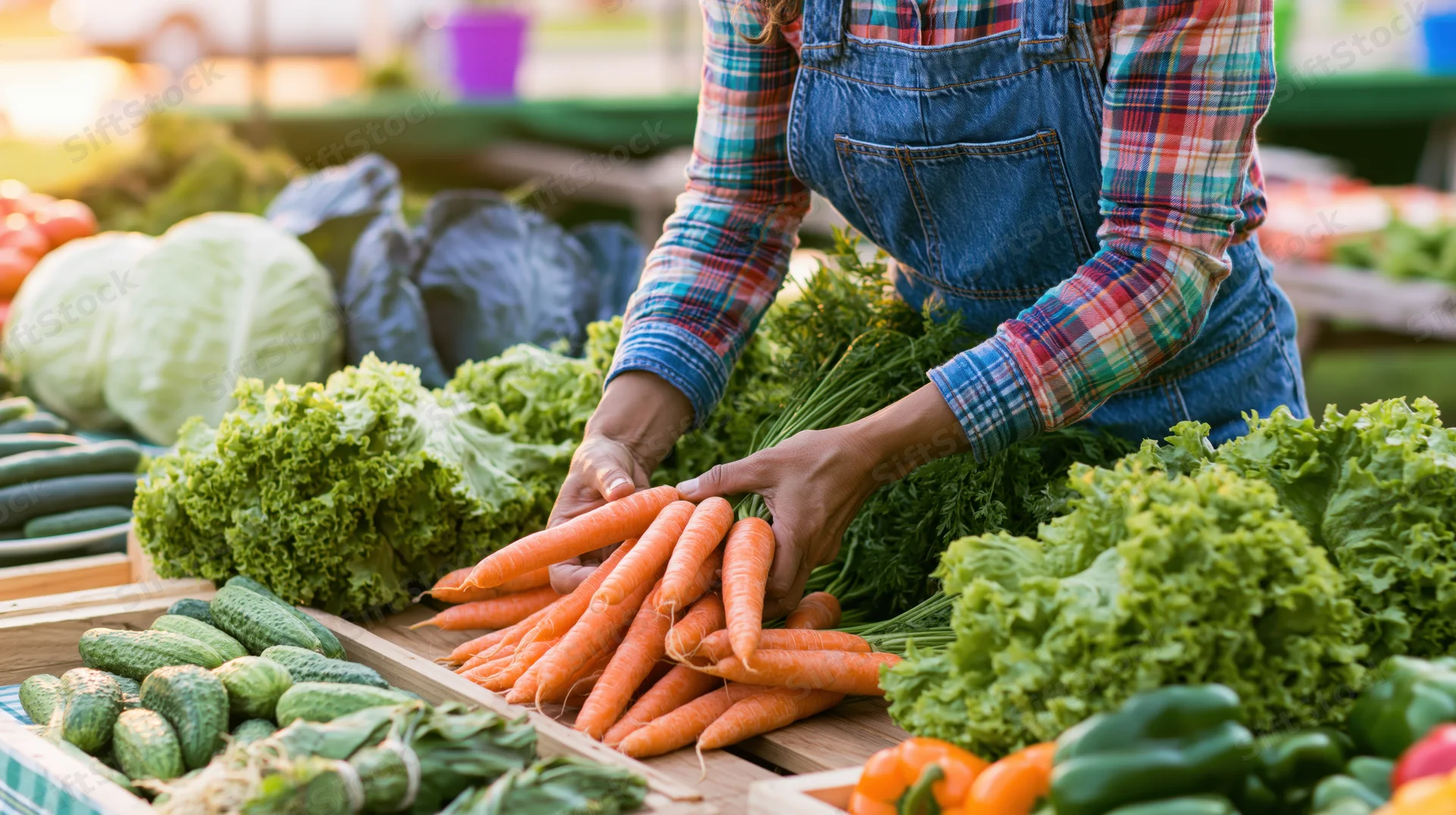 Woman arranging carrots at a farm market stall surrounded by fresh vegetables