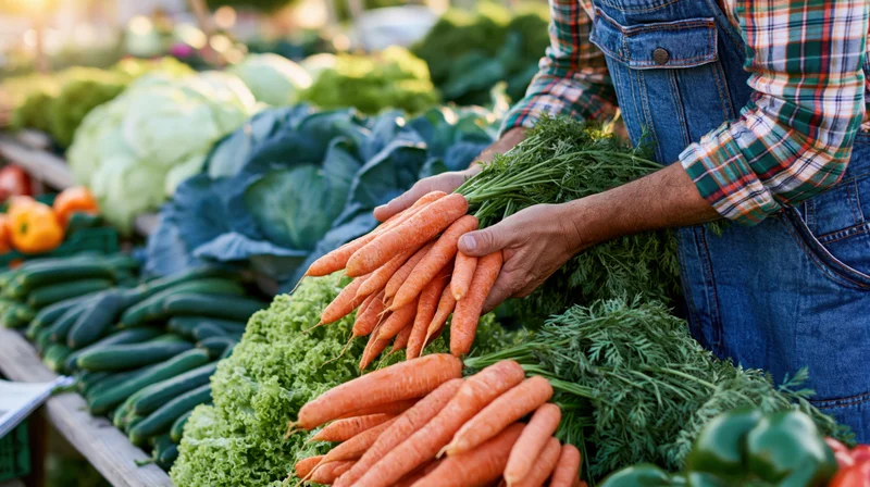 Farmer holding bunch of fresh carrots at outdoor produce market stall