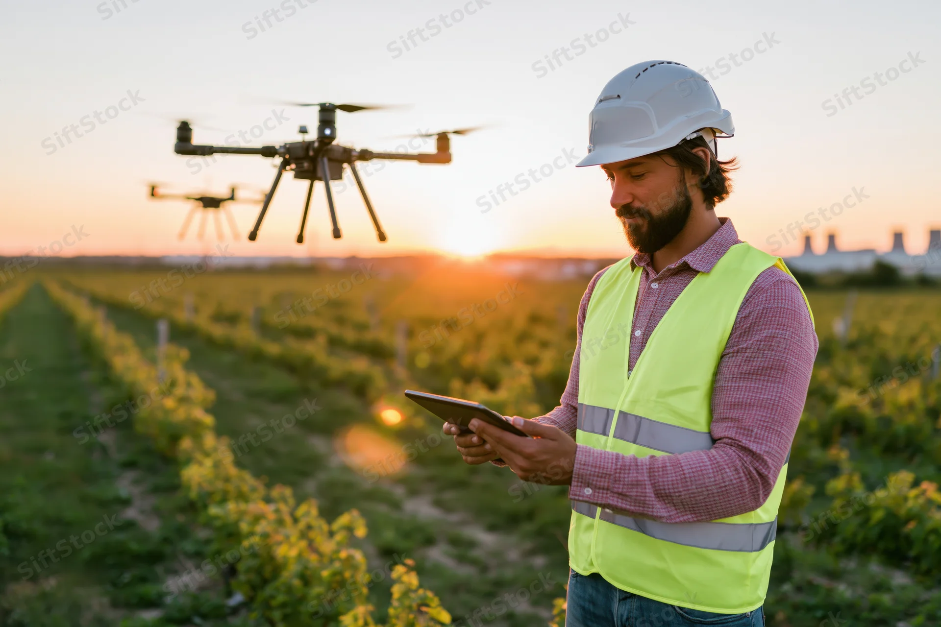 Man in safety vest using tablet to control drone over vineyard field at sunset