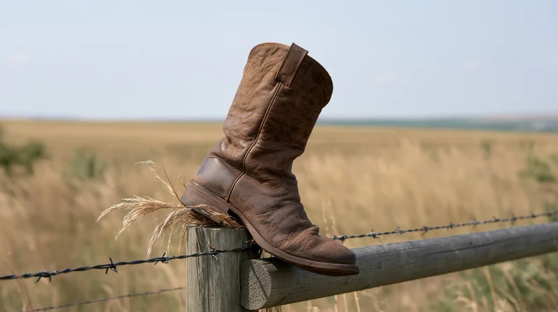 Weathered brown leather cowboy boot resting on wooden fence post in open grassy field