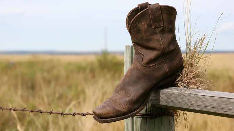Weathered brown leather cowboy boot resting on wooden fence post in open pasture