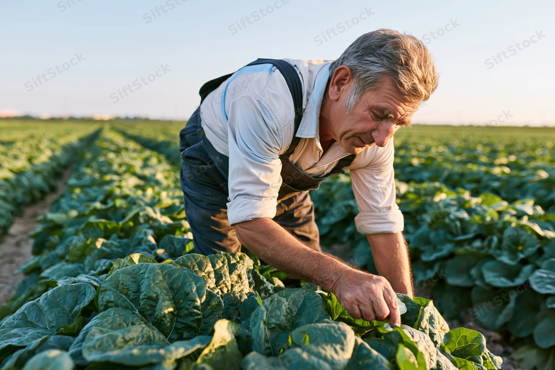 Senior farmer inspecting cabbage plants in a field during golden hour