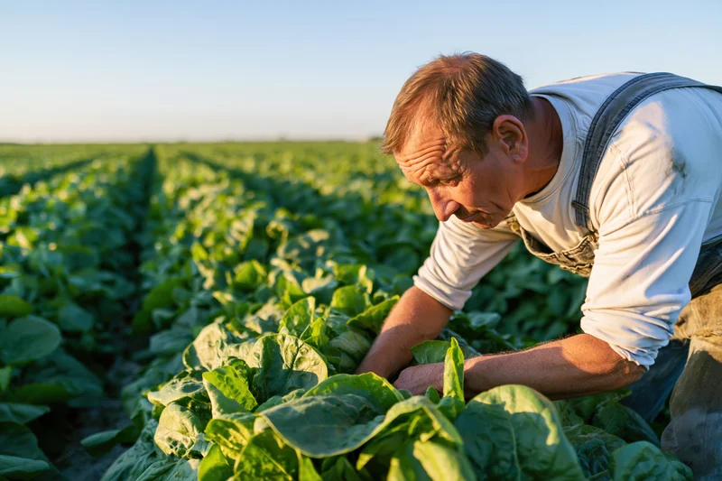 Senior male farmer inspecting lettuce crop in a field during daylight