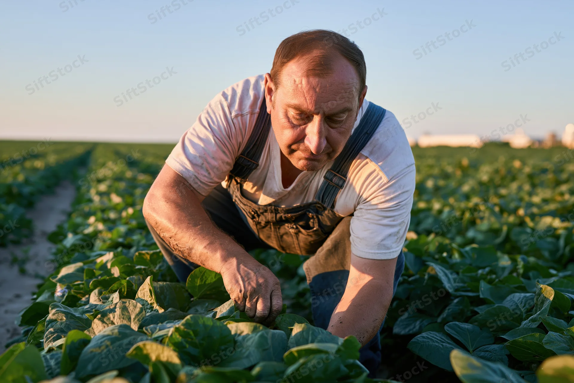 Senior farmer inspecting cabbage plants in a field during daylight