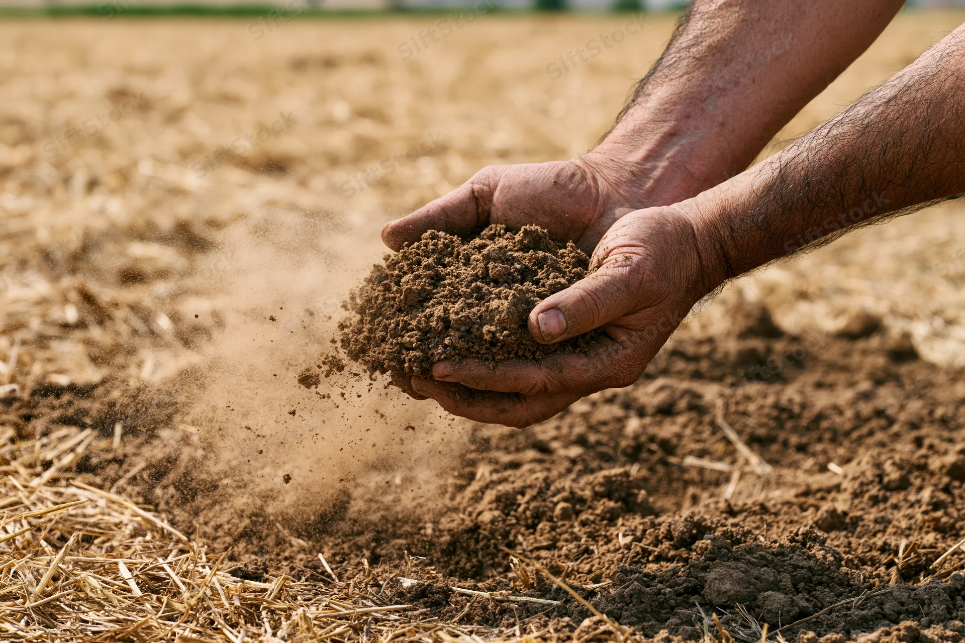 Weathered hands holding soil in a cultivated field
