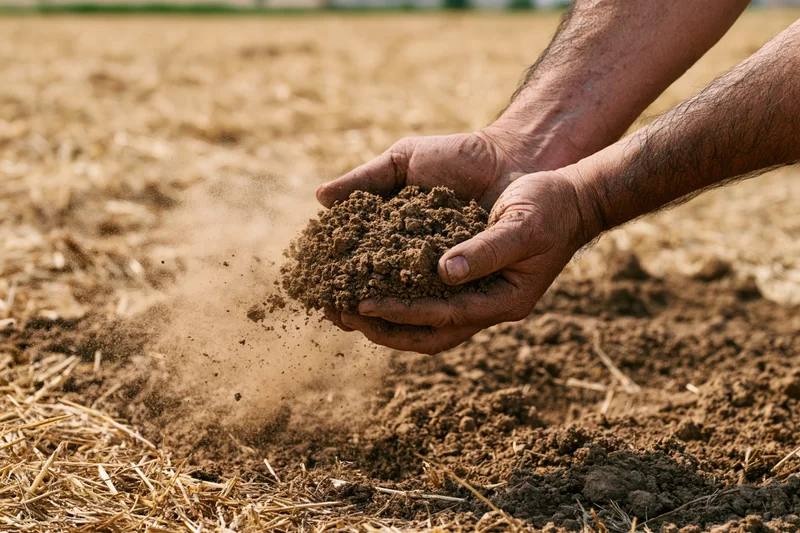 Weathered hands holding soil in a cultivated field