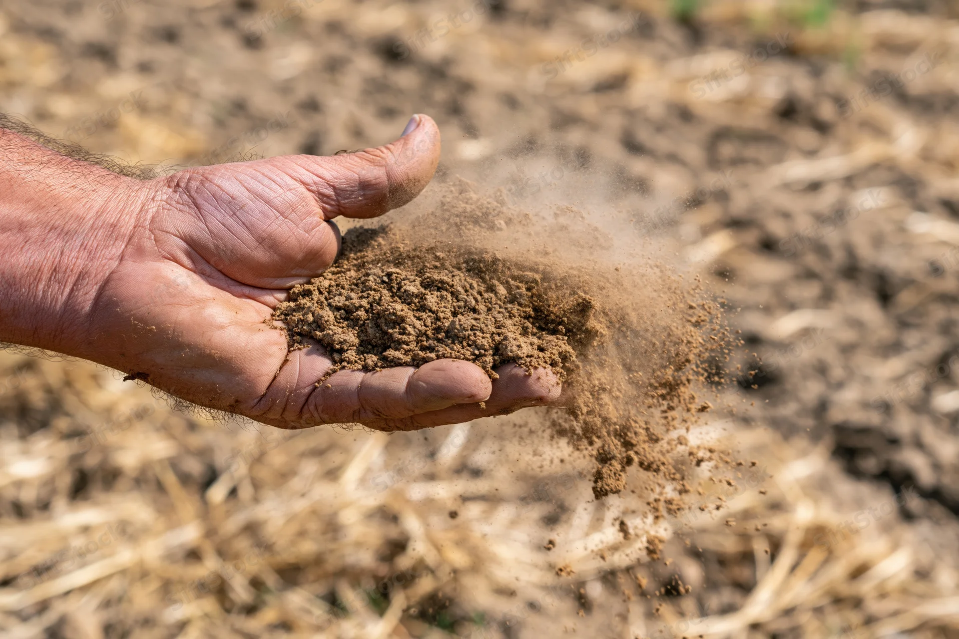 Weathered hand holding soil over a tilled field