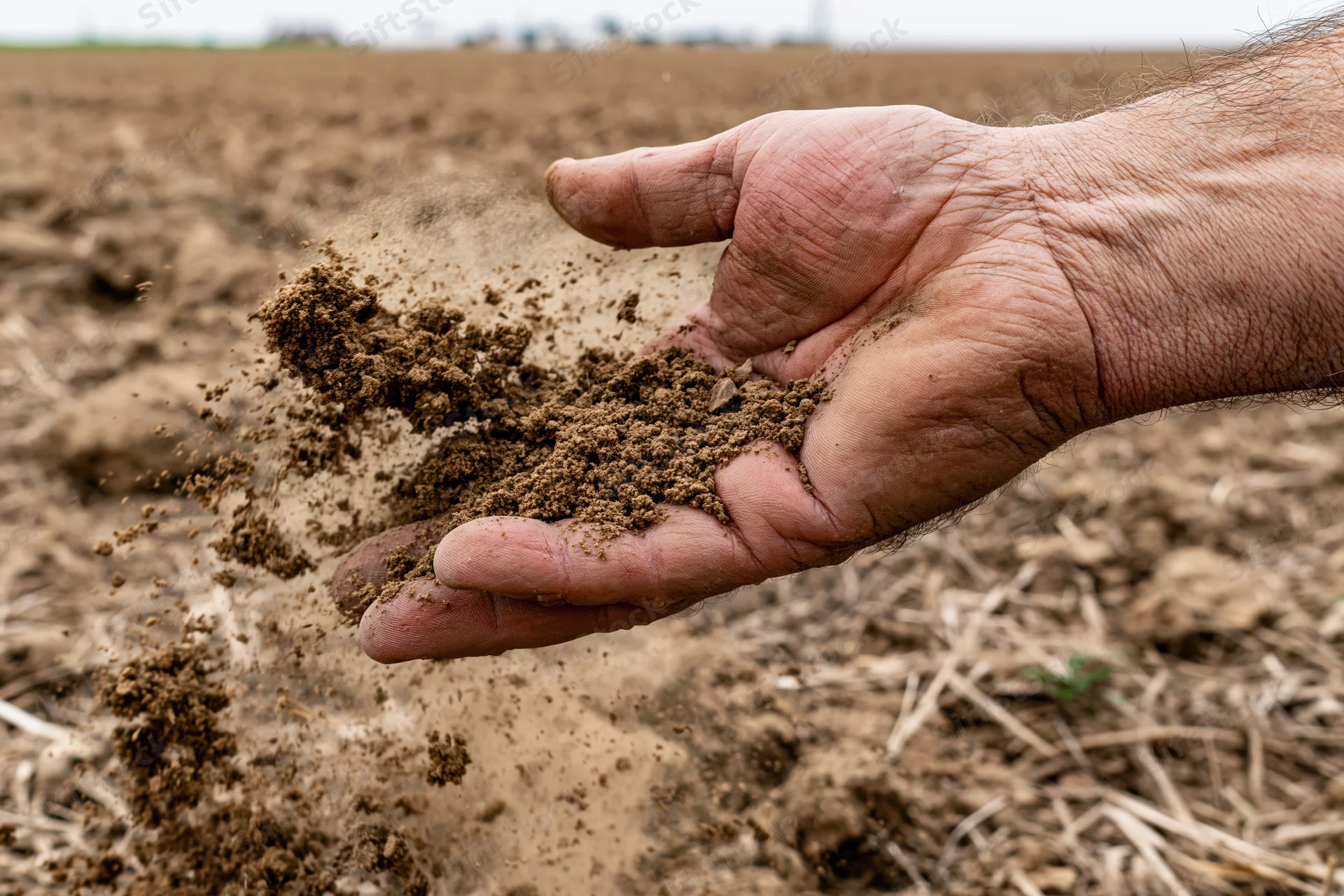Weathered hand holding and sifting soil in a plowed field