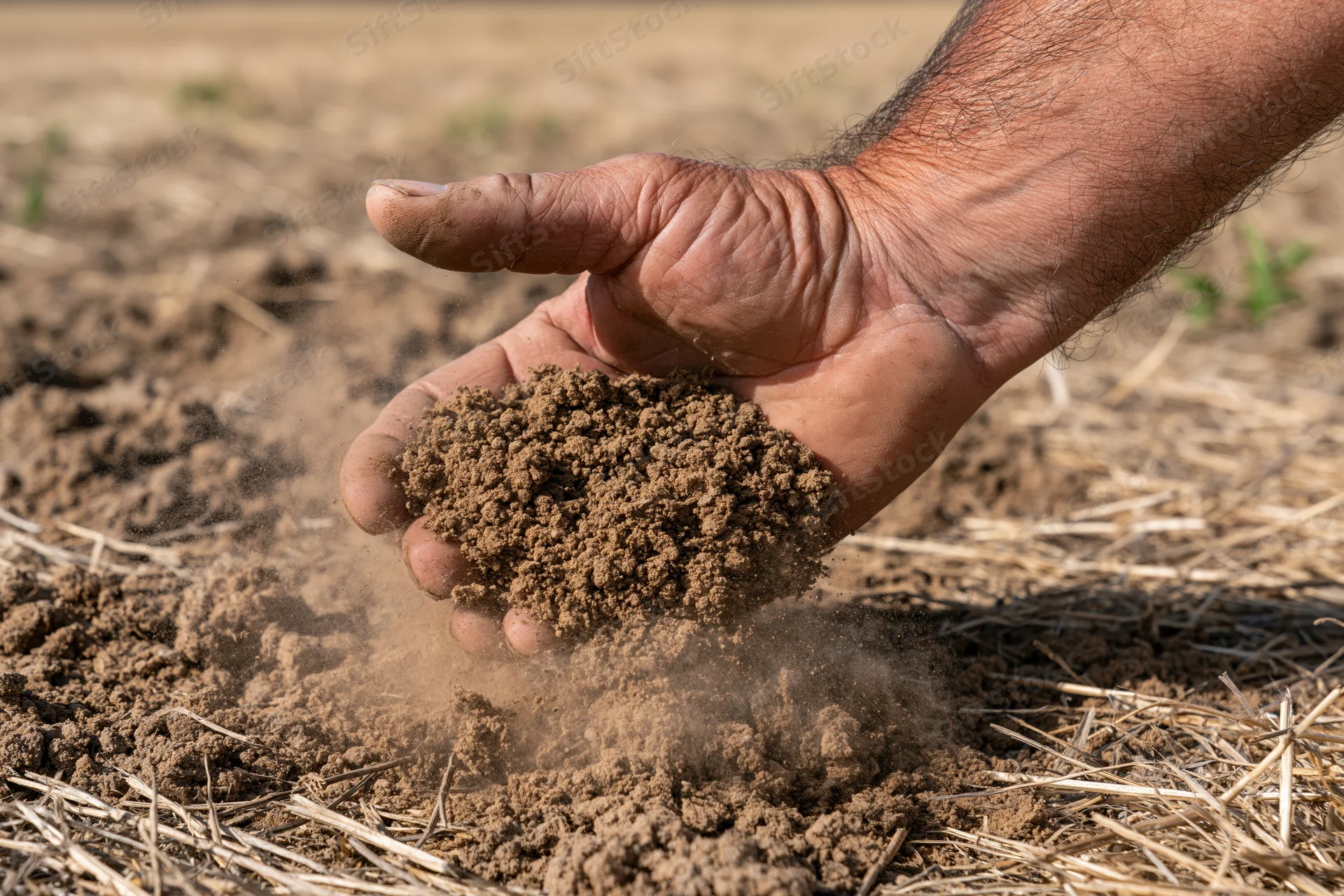 Weathered hand holding soil over a tilled field