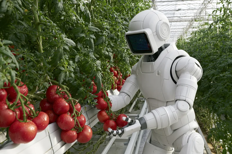 White humanoid robot harvesting ripe tomatoes in a greenhouse