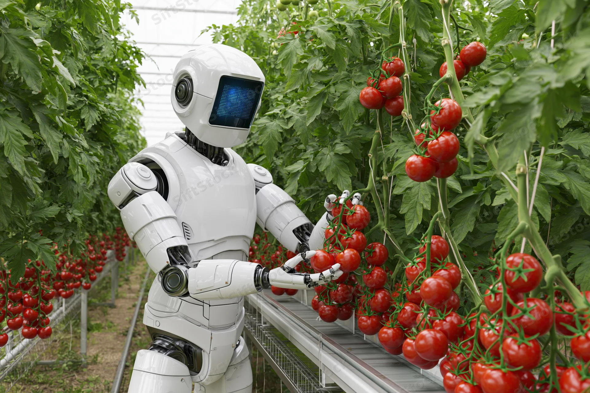 White humanoid robot harvesting ripe tomatoes in a greenhouse farm