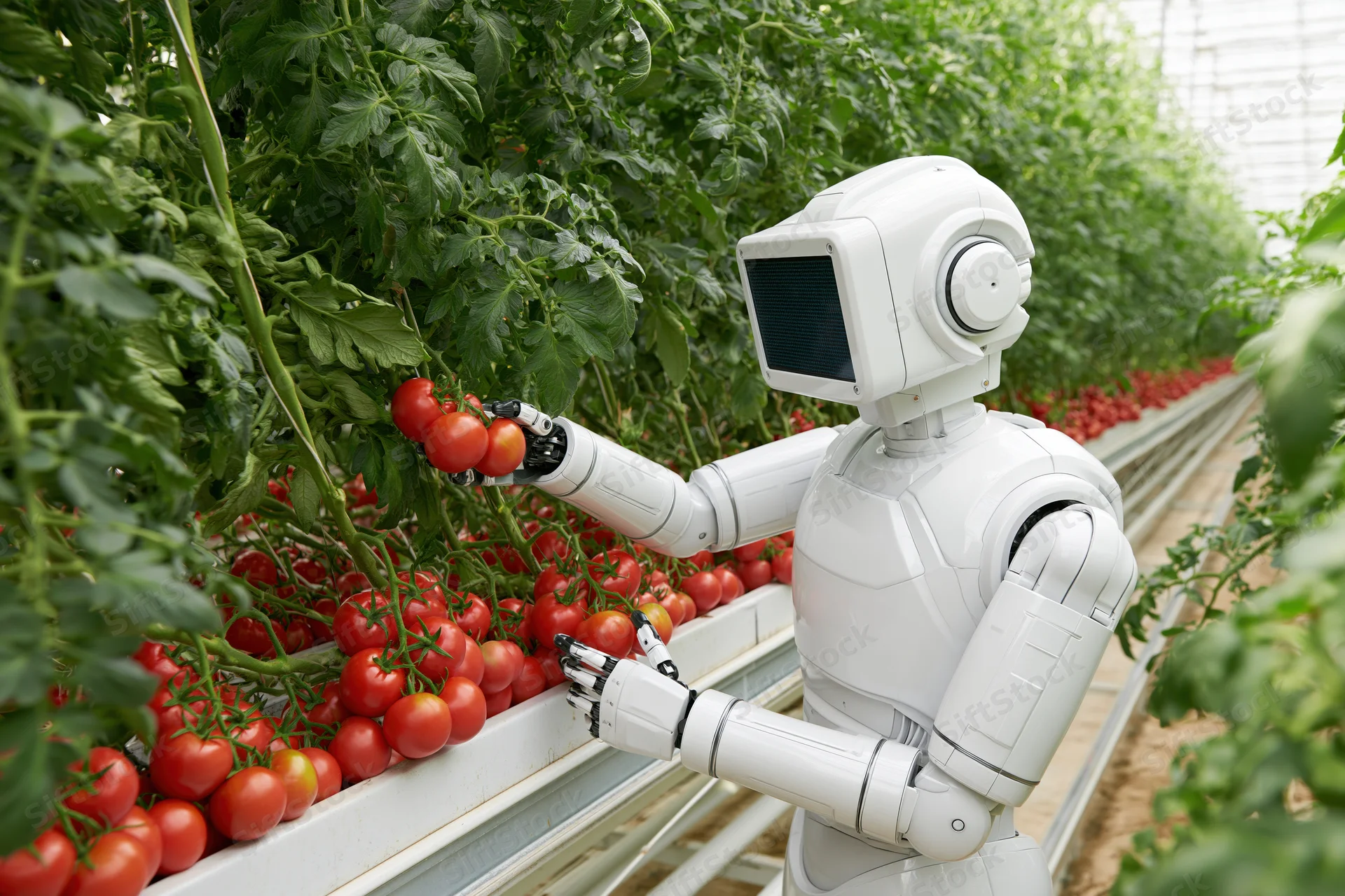 White humanoid robot harvesting tomatoes in a greenhouse row
