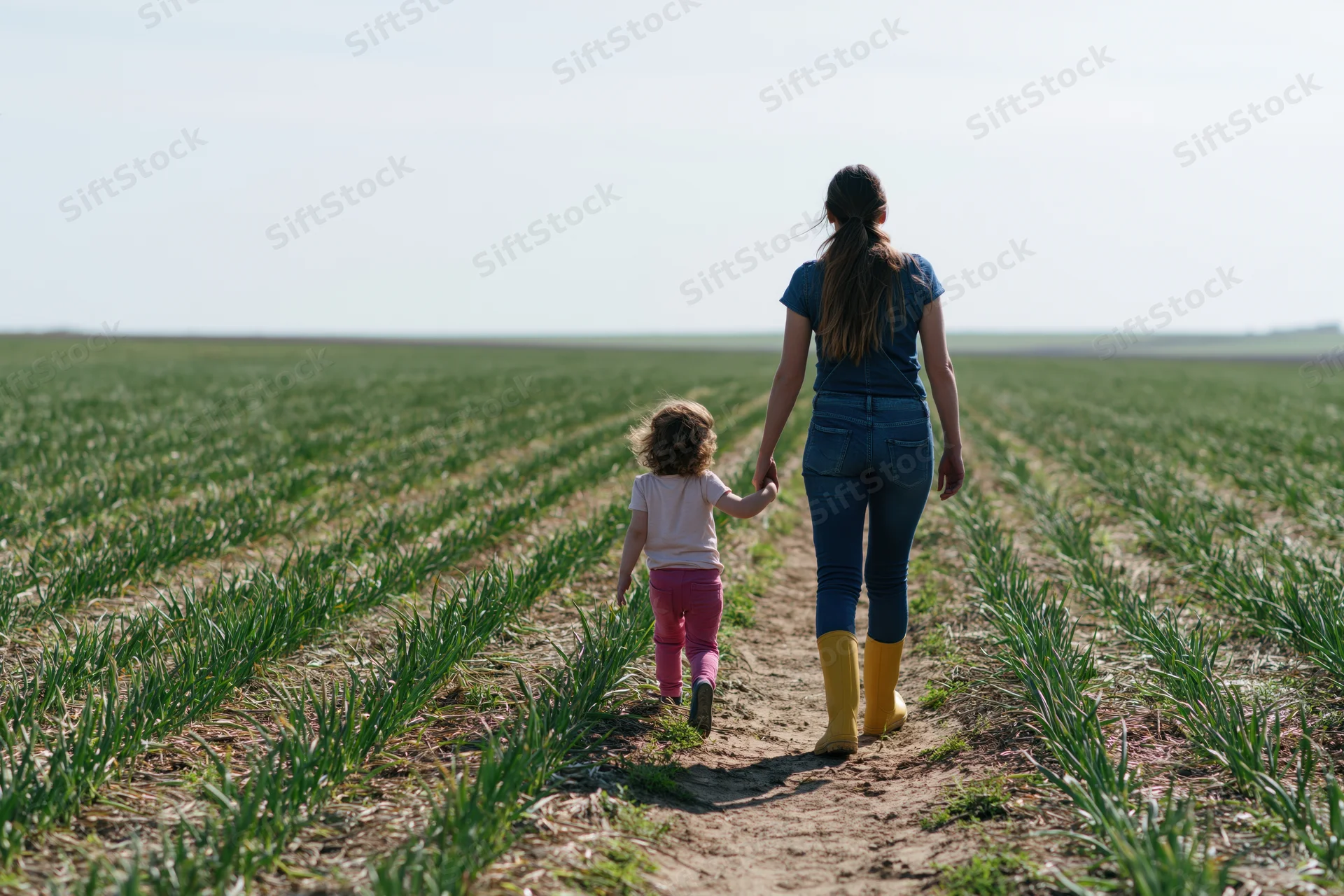 Woman and child walking hand in hand along a dirt path through a green crop field