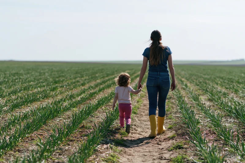 Woman and child walking hand in hand along a dirt path through a green crop field
