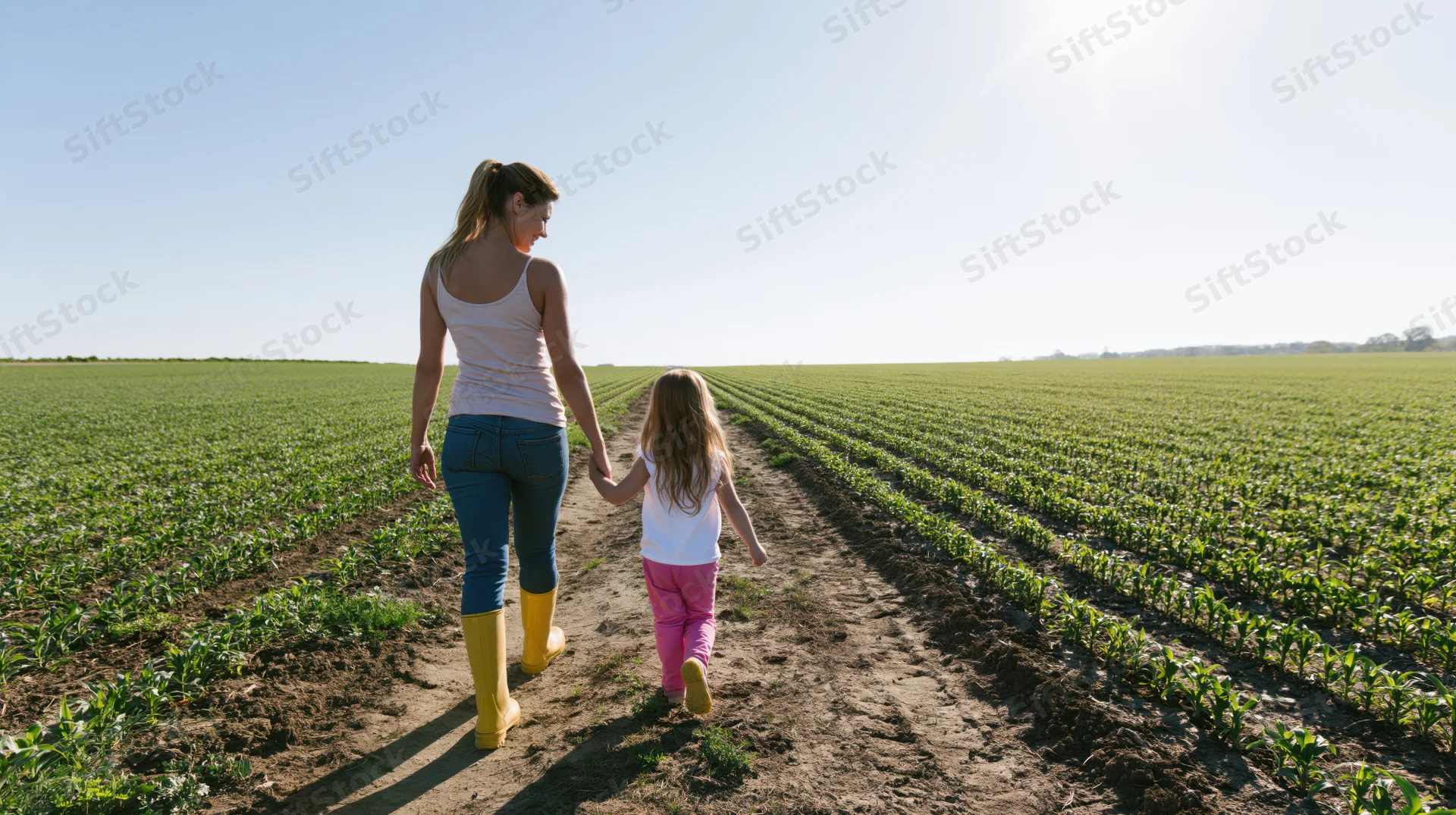 Mother and daughter walking hand in hand along a dirt path through a green crop field on a sunny day