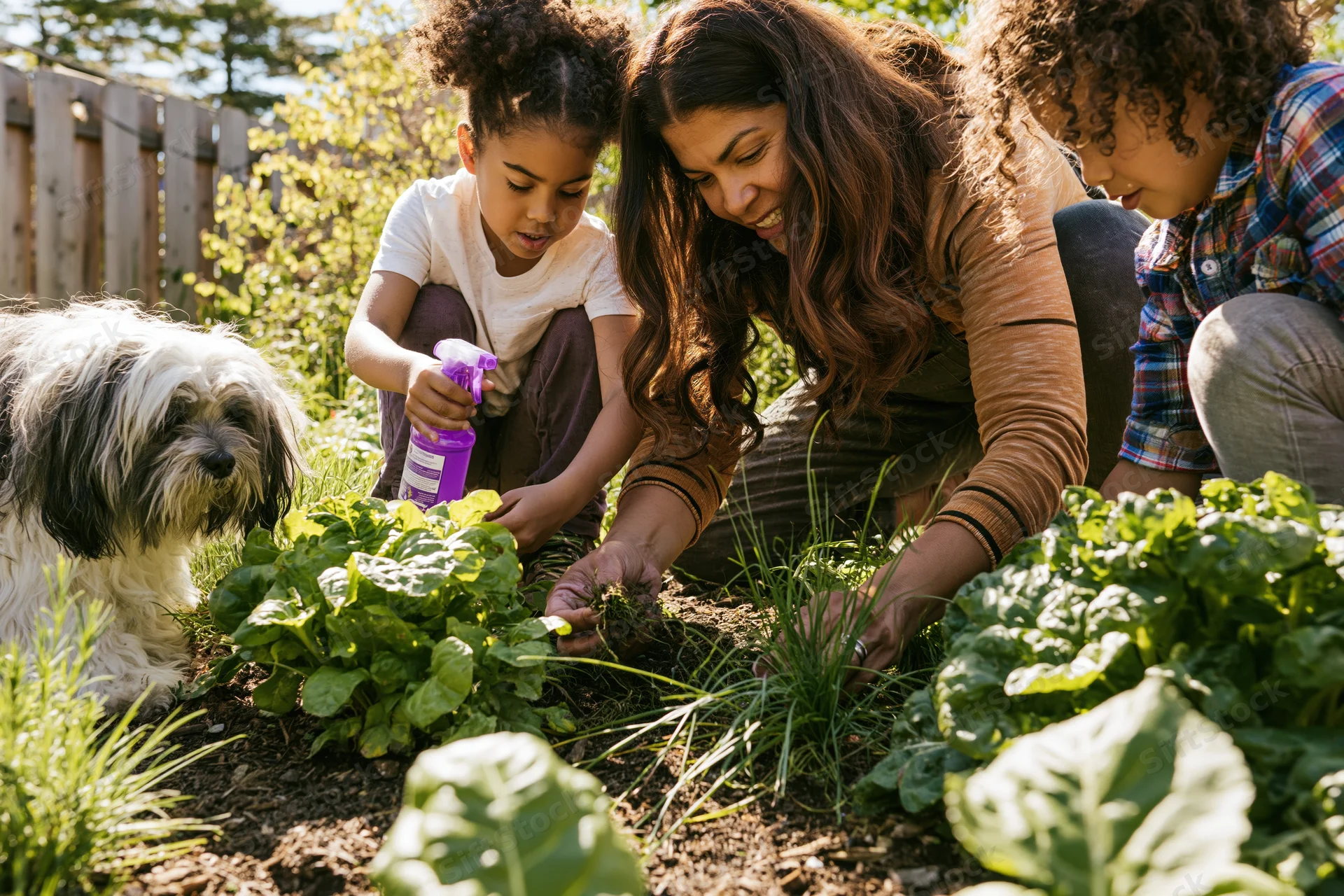 Woman and two children planting vegetables in a garden with a dog nearby