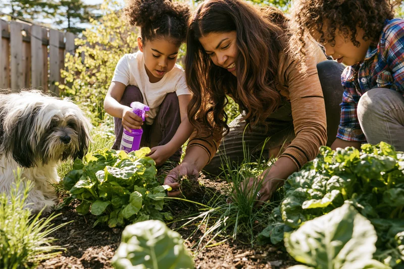 Woman and two children planting vegetables in a garden with a dog nearby