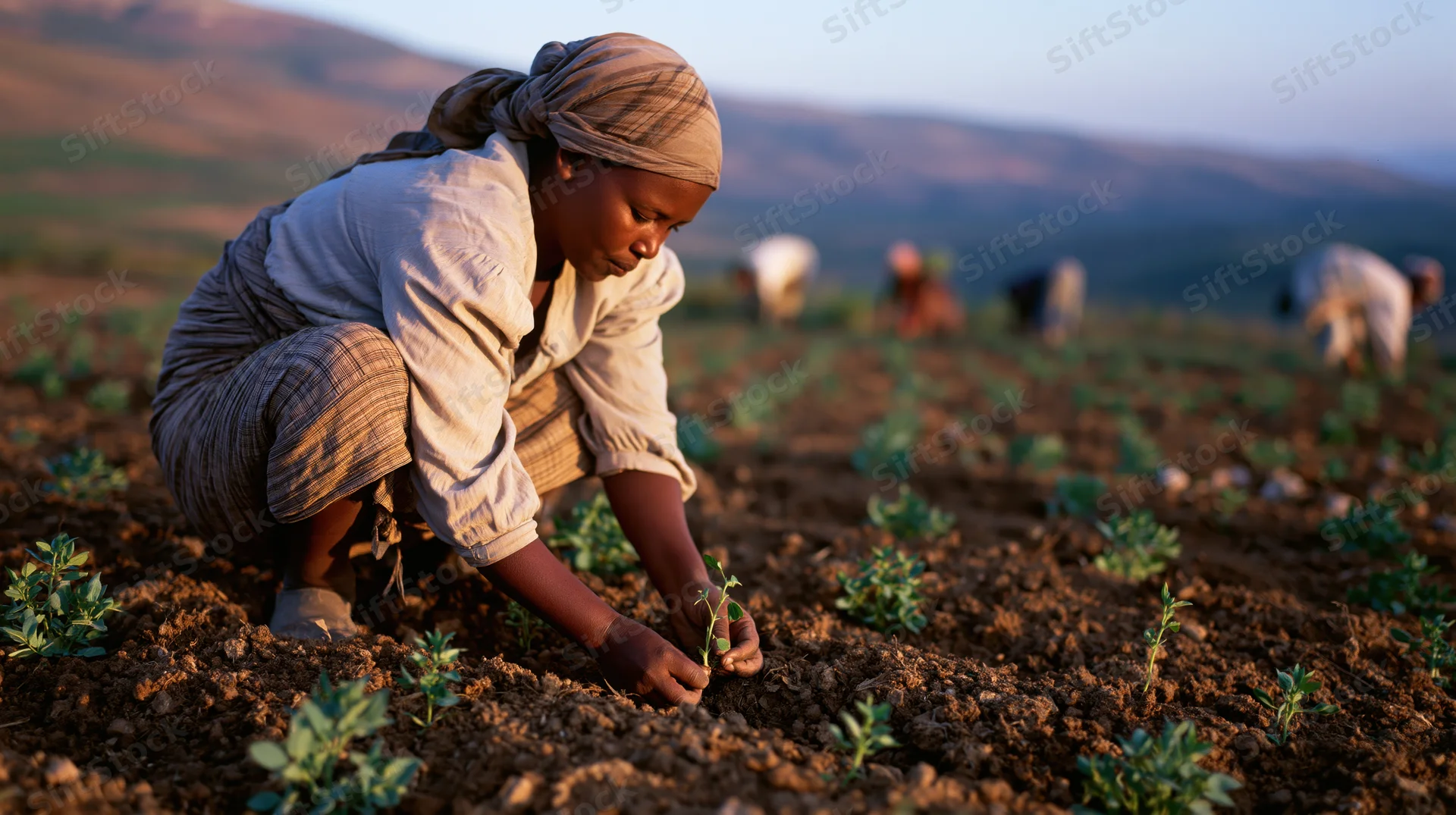 Woman crouching to plant seedlings in a rural field at sunset