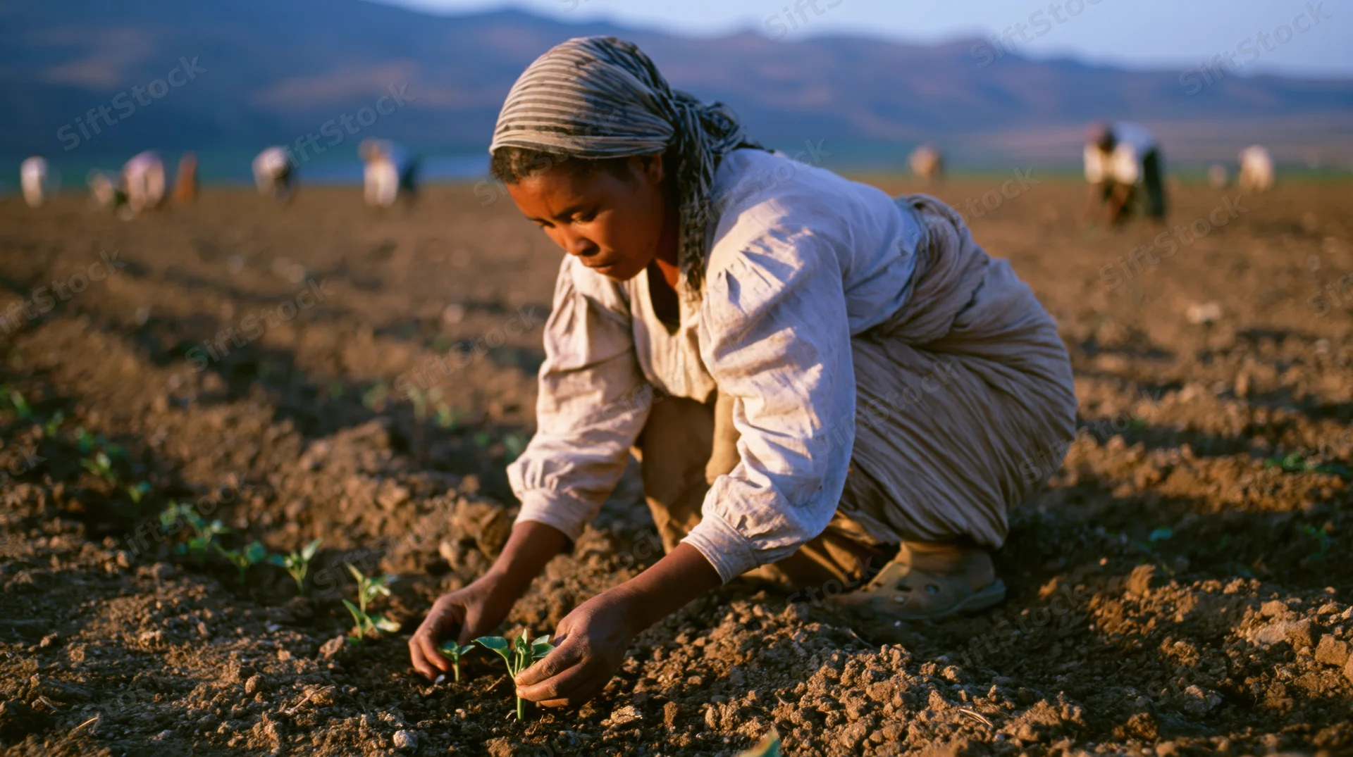 Woman planting seedlings in a tilled field at sunset