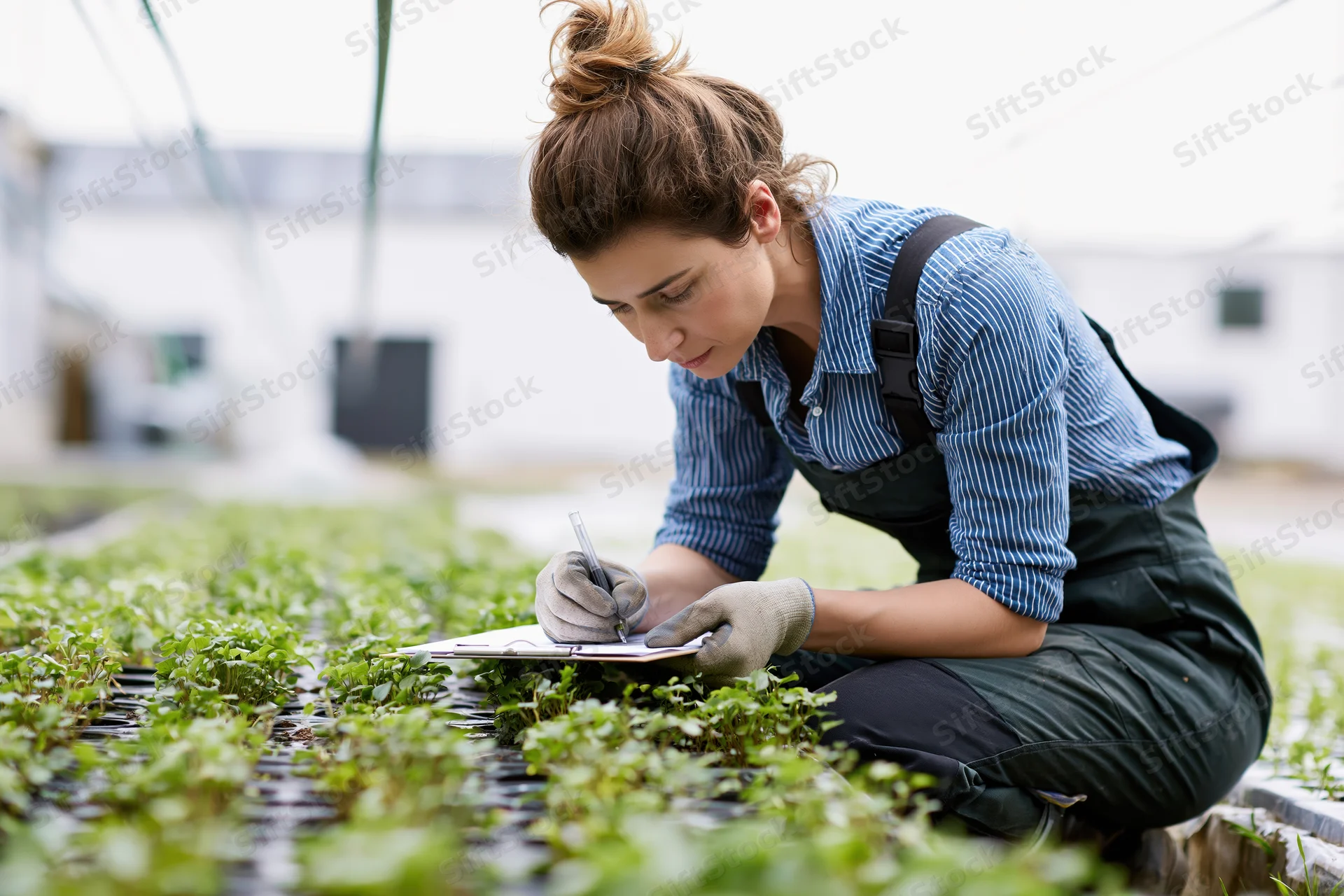 Woman crouching in greenhouse writing on clipboard among seedlings