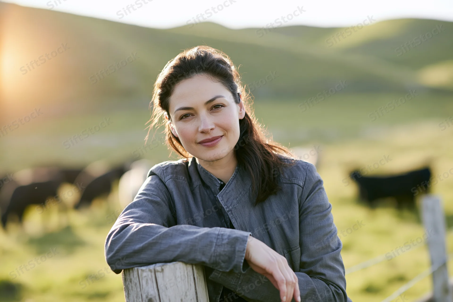 Woman in gray jacket leaning on wooden fence in grassy field with cattle grazing at sunset