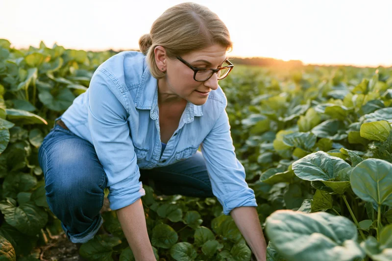 Woman crouching to inspect leafy crops in a field at sunset