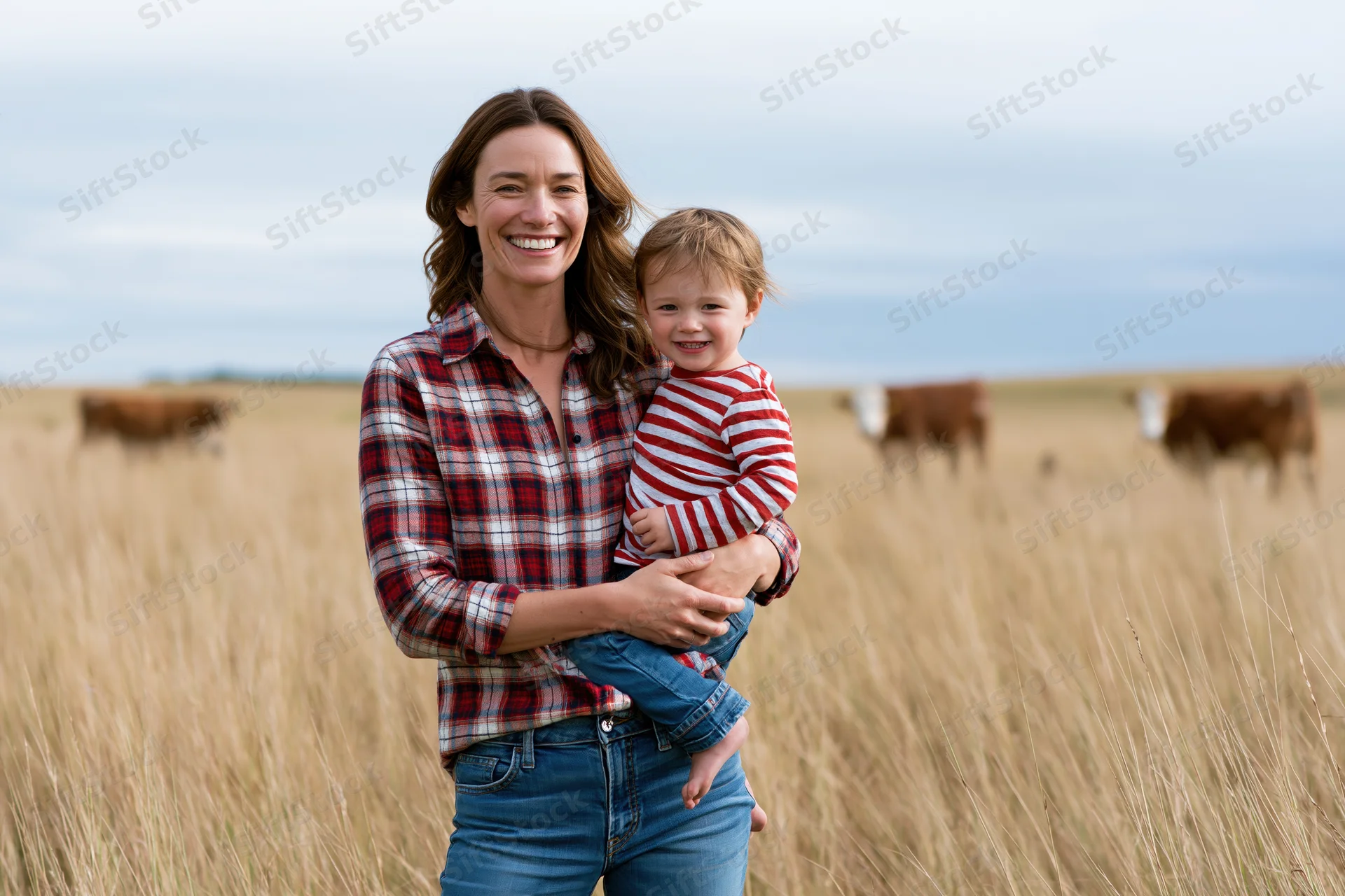 Woman holding toddler in a field with cattle in the background