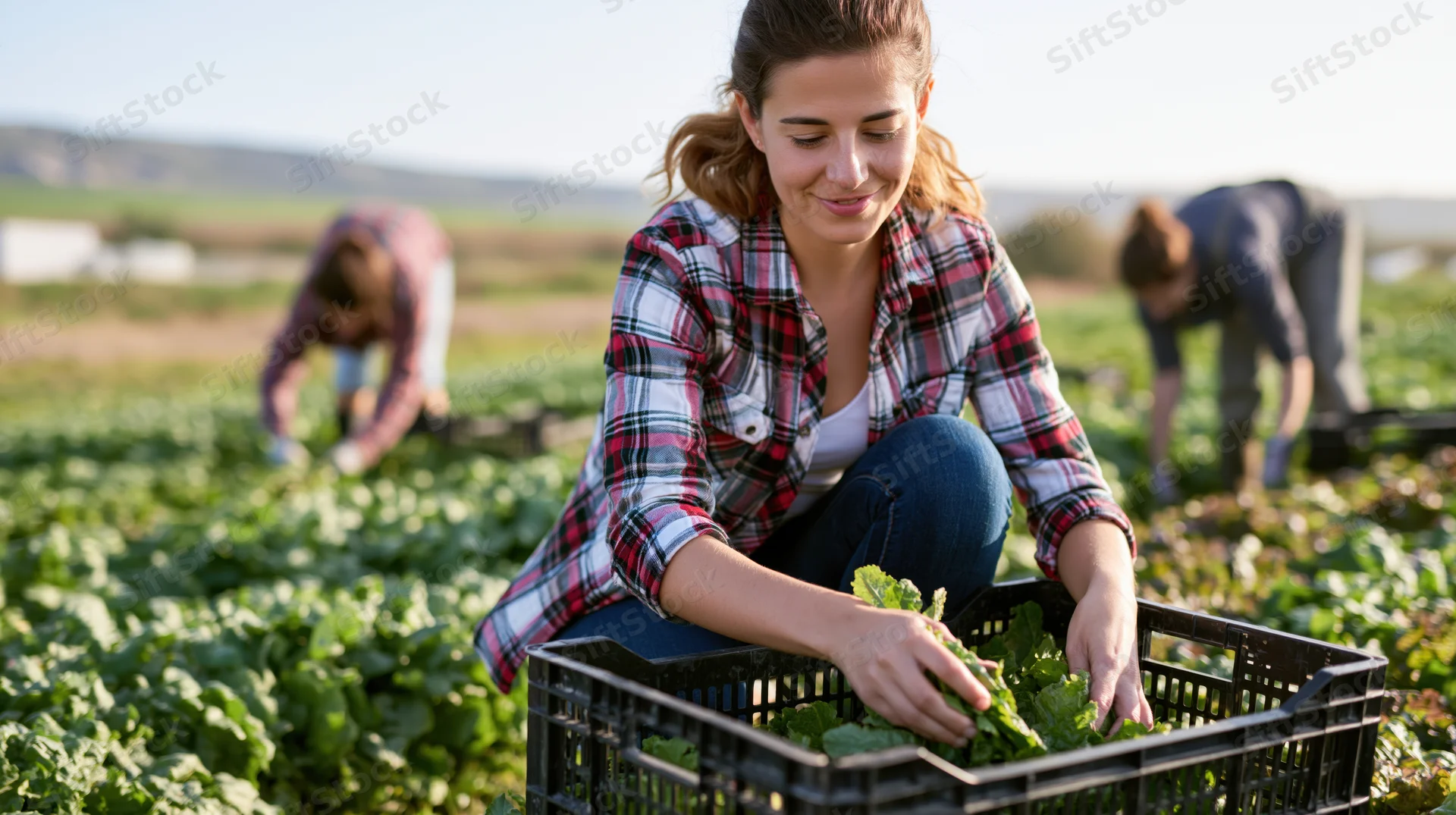 Woman harvesting lettuce in a field with others working in the background