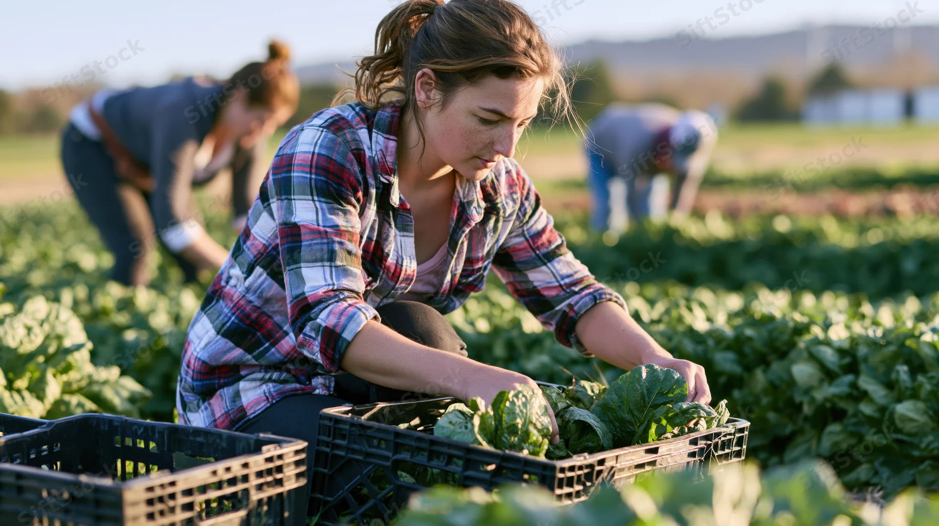 Woman harvesting leafy vegetables in a farm field during daylight