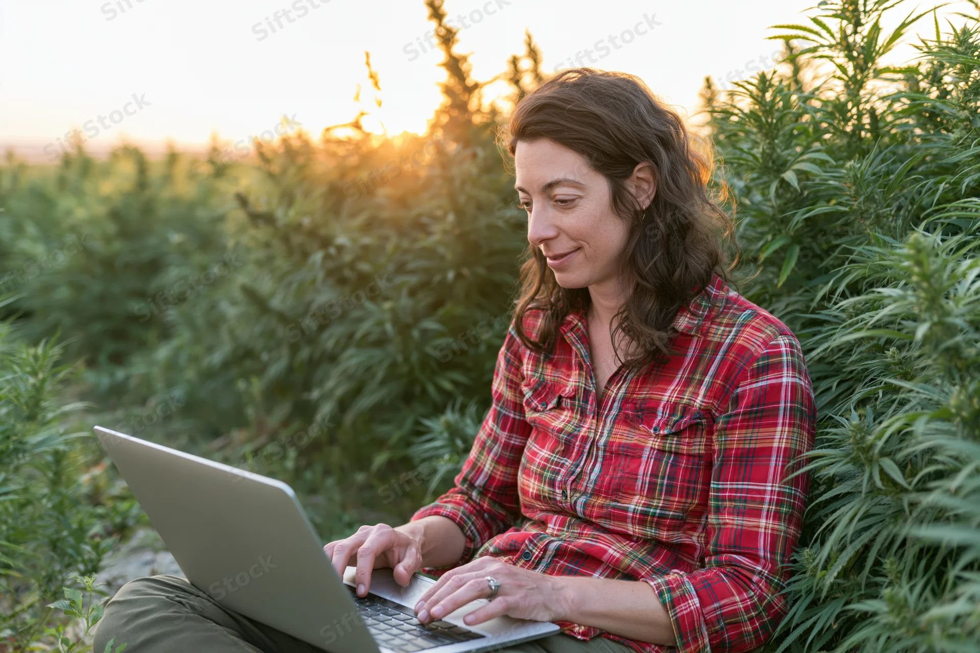 Woman using laptop in cannabis field at sunset