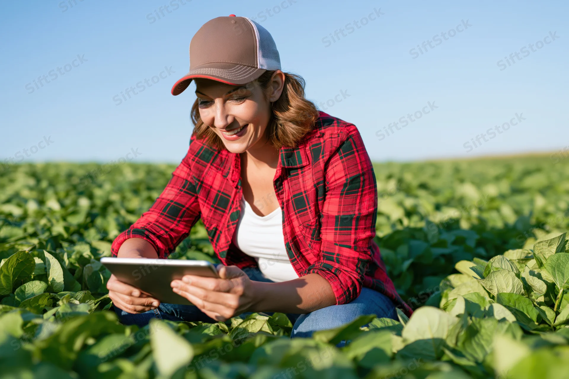 Woman using tablet in soybean field while crouching among crops