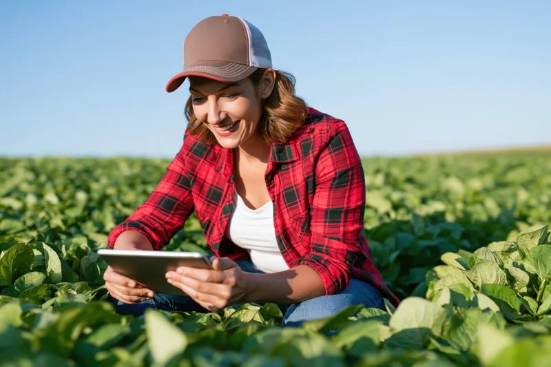 Woman using tablet in soybean field while crouching among crops