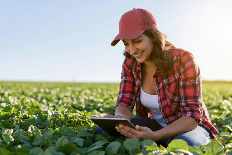 Woman farmer using tablet in green field during daytime